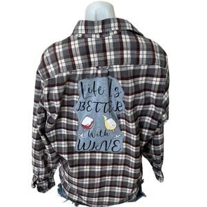 Life is Better with Wine Plaid Flannel Shirt MEDIUM Oversized Upcycle Unique